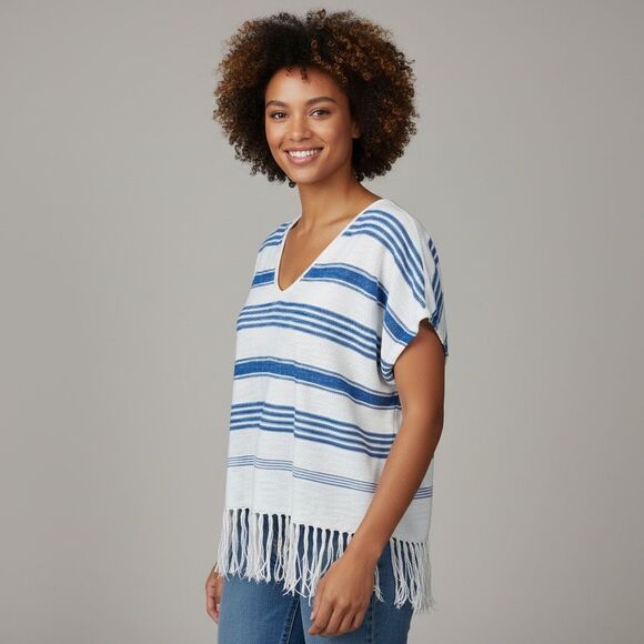 Lauren Jeans Co Ralph Lauren Linen Cotton Fringe Knit Top Blue White Striped L Y - Picture 1 of 5